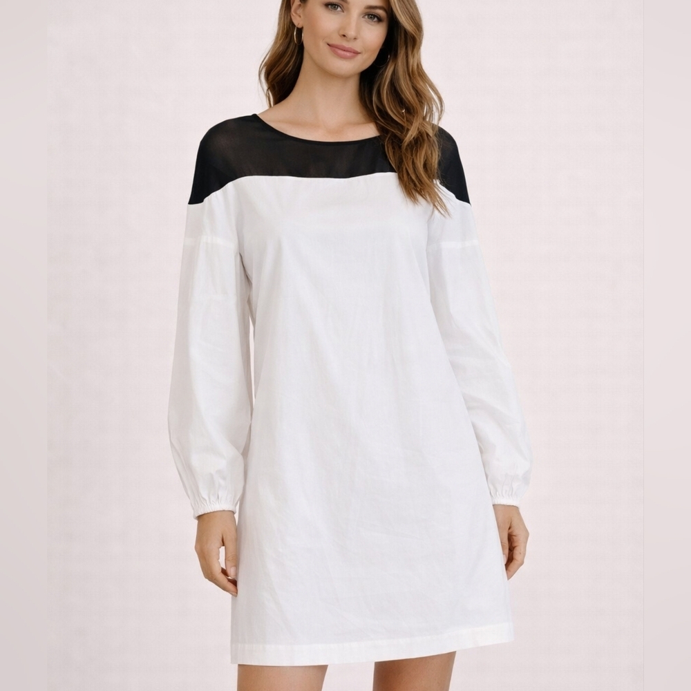 NWT Robert Rodriguez Silk Yoke Tunic Dress White Black Sheer Panel Size 2